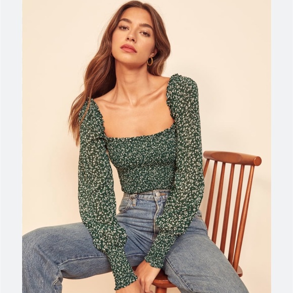 Reformation Tops - Reformation Pinto Top Parsley Floral Green Smocked Top Long-Sleeve Square-Neck S